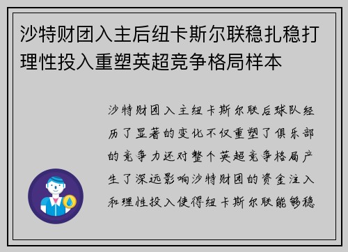 沙特财团入主后纽卡斯尔联稳扎稳打理性投入重塑英超竞争格局样本