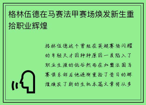 格林伍德在马赛法甲赛场焕发新生重拾职业辉煌