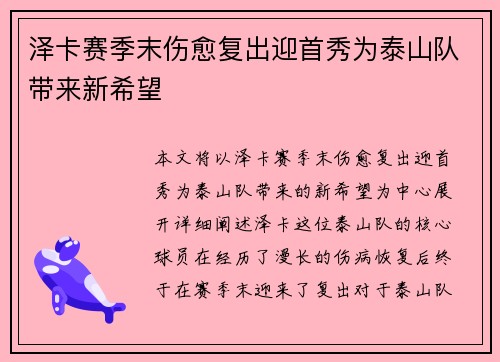 泽卡赛季末伤愈复出迎首秀为泰山队带来新希望